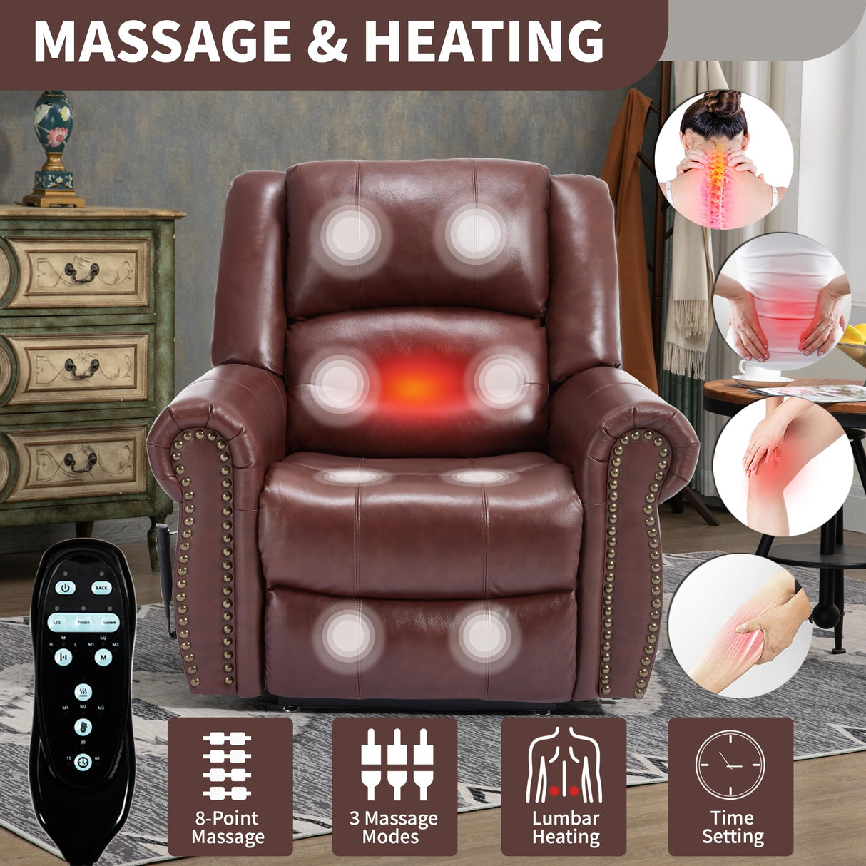 Dual Motor Power Lift Chair, Lay Flat Recliner Chair, Electric Recliner with Massage and Heat for Elderly, Remote Control, Infinite Position, Standing Assistance, USB Ports (Red, Genuine Leather) Trustyue