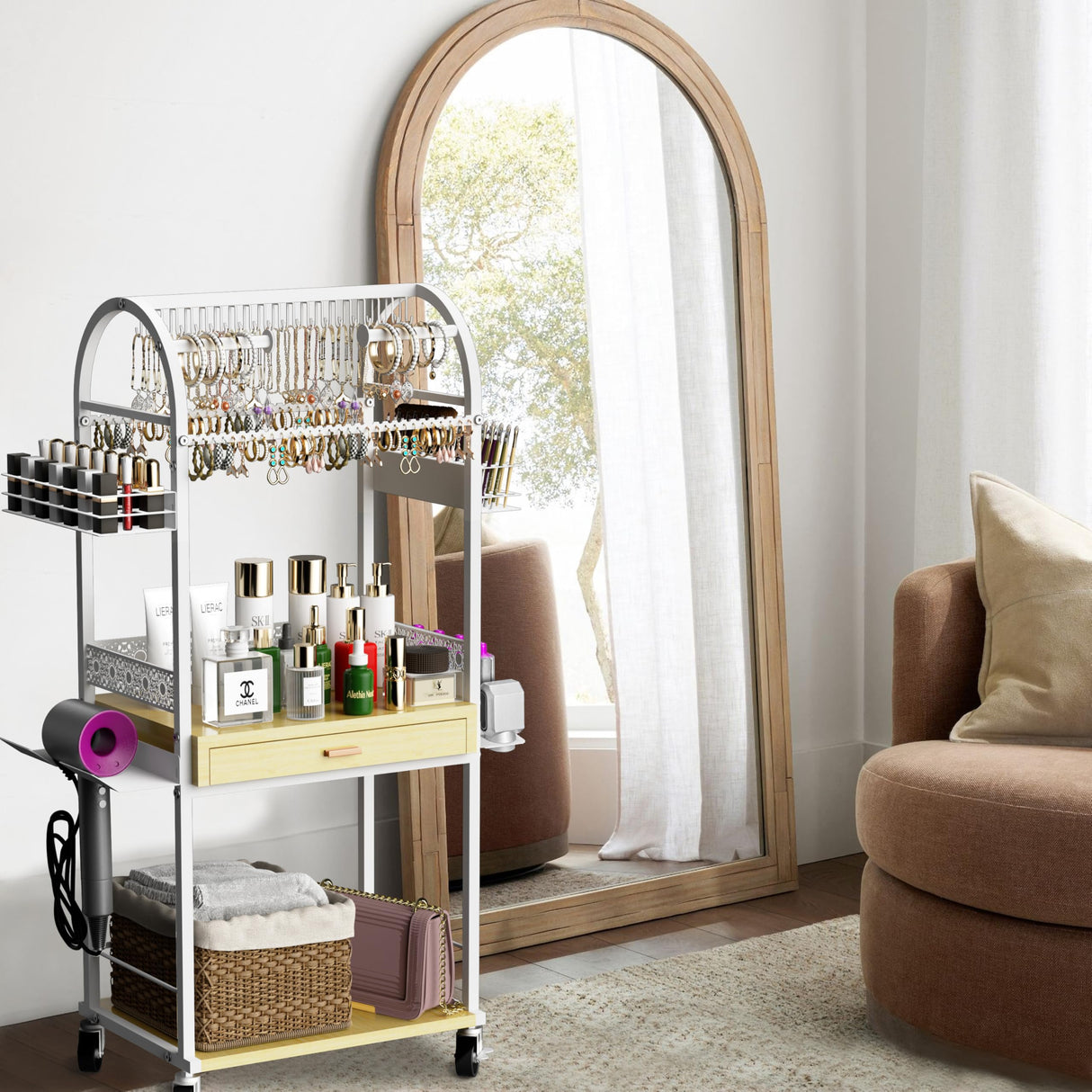 Xubialo Makeup Organizer Cart with Wood Drawers, Rolling Jewelry Holder Organizer and Storage- Hair Dryer Holder Hair Tool Organizer Jewelry Armoire Xubialo