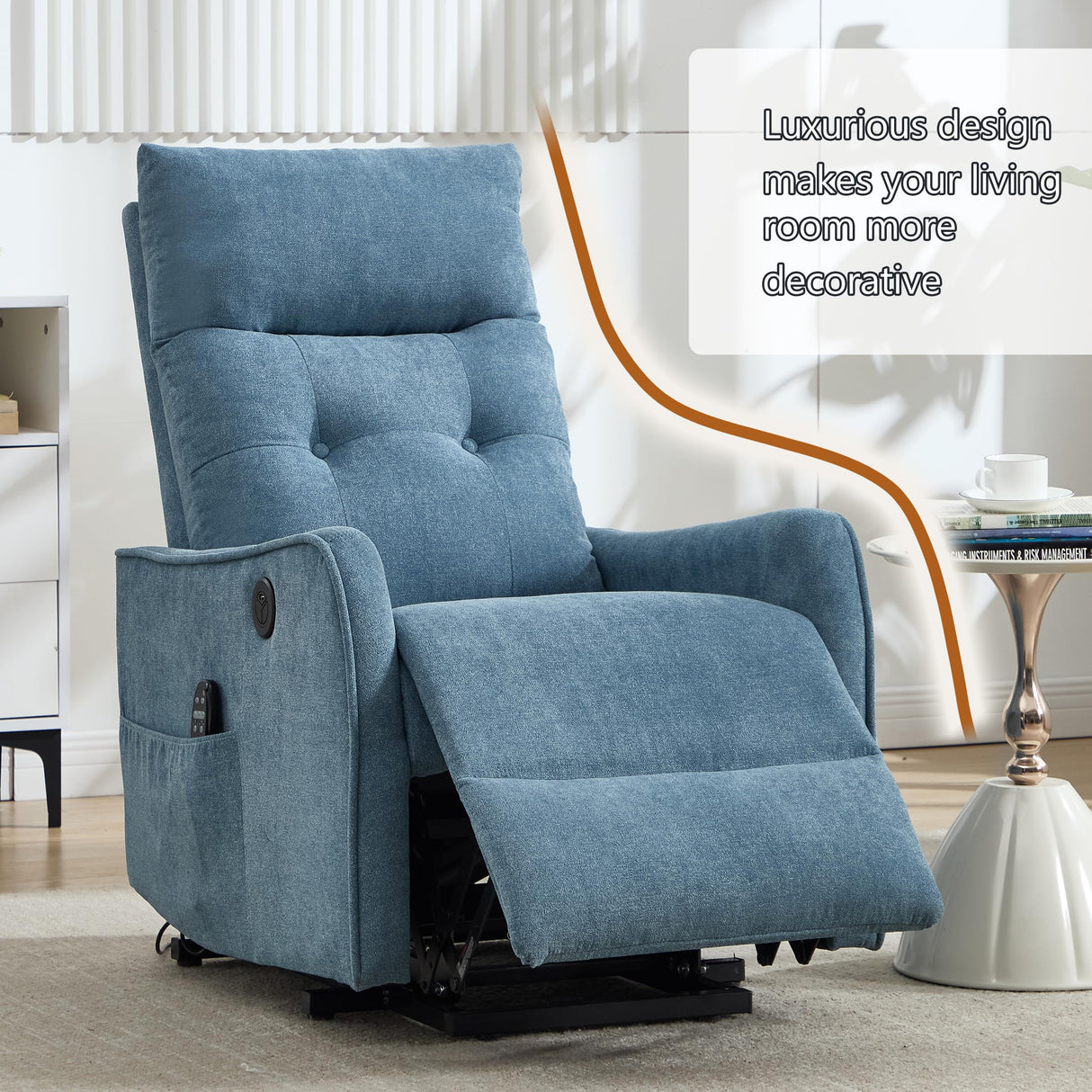 EZZUP Power Lift Recliner Chair with Vibration Massage and Heat for Petite Elderly, Small Lift Chair with Side Pocket Remote Control, Infinite Position, Polyester Fabric Blue EZZUP