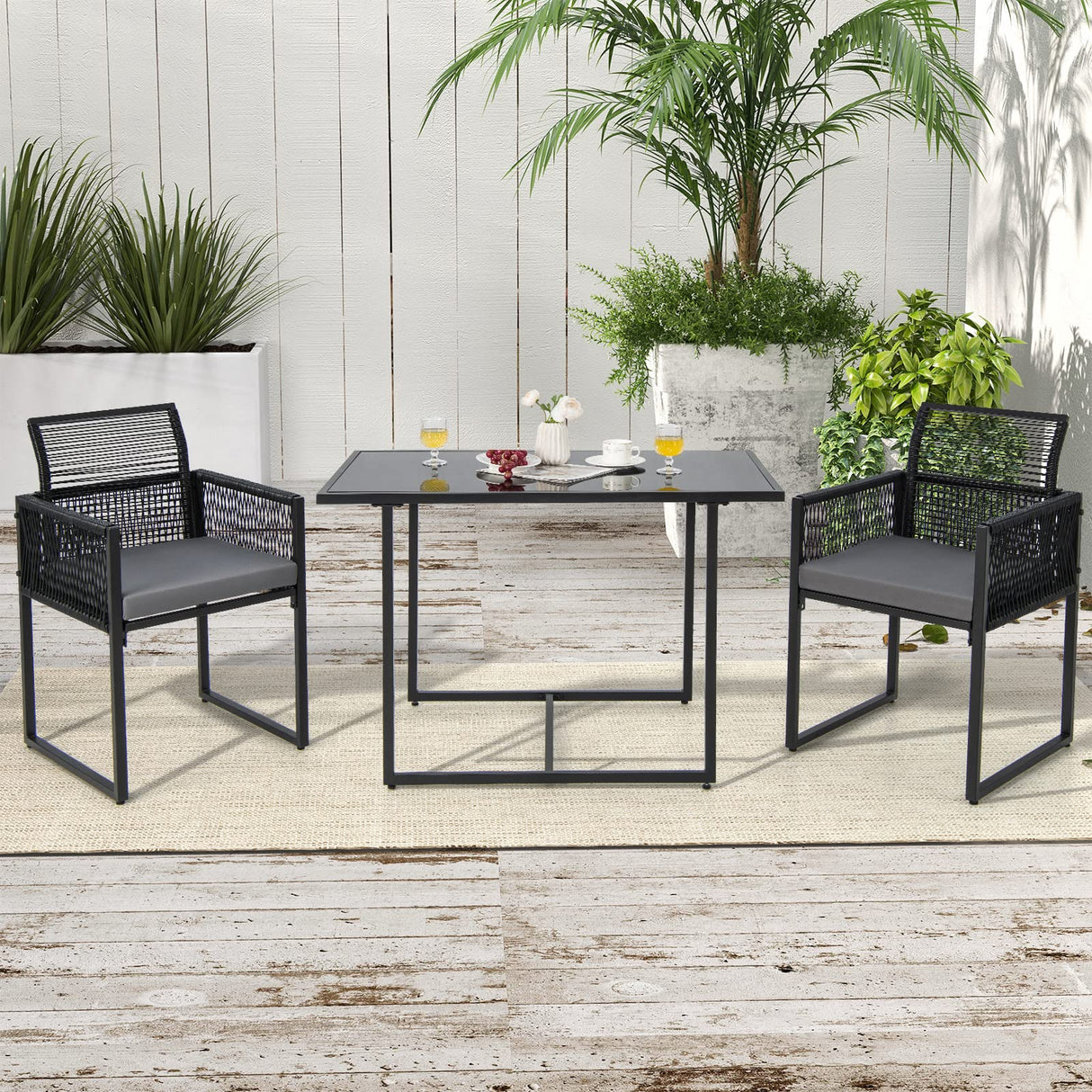Tangkula 3 Pieces Outdoor Dining Set, Patio PE Rattan Furniture Set with Folding Backrest, Cozy Seat Cushions, Tempered Glass Tabletop, Space-Saving Rattan Chair Table Set for Backyard, Poolside Tangkula