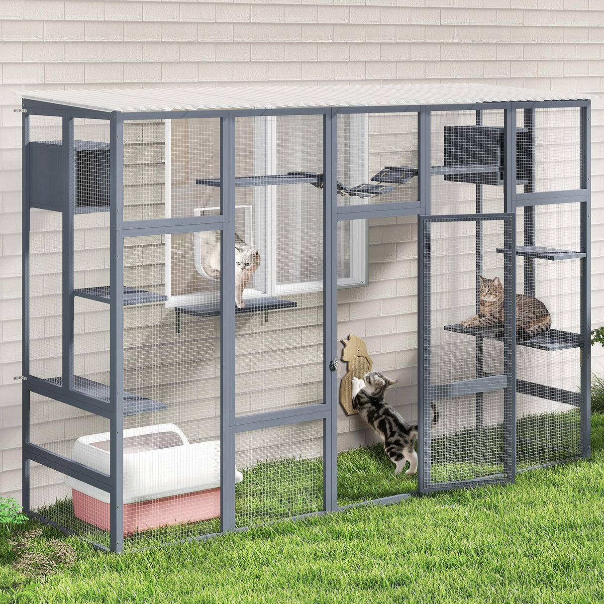 Catio Outdoor Cat Enclosure Window, 104" L Large Wooden Outdoor Cat House Cage Condo Playpen for Multiple Cats, Weatherpoof Cover for Indoor Cats, Grey COZIVVOVV