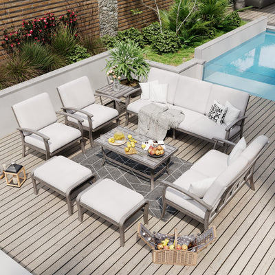 HAPPATIO 8 Piece Aluminum Patio Furniture Set, 3-Seat Outdoor Couch and Loveseat, All-Weather Outdoor Sectional Sofa with Armchairs and Ottomans, Garden Conversation Set with Tables(Gray)