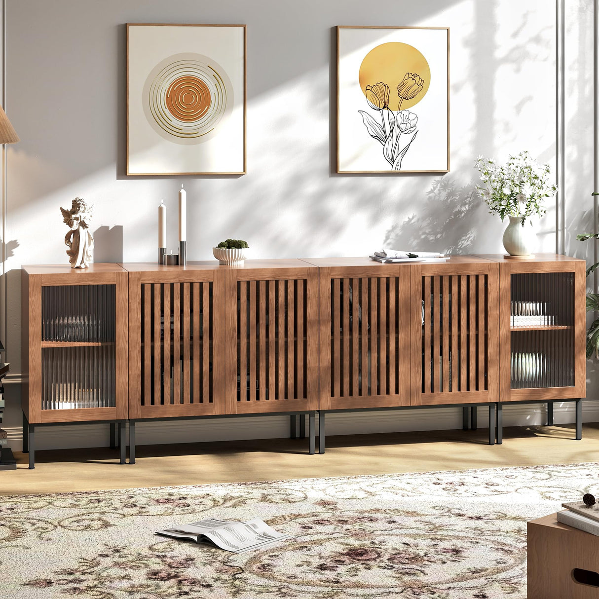 REPHRITE TV Stand 95" Farmhouse Entertainment Center with Storage Cabinets, TV Console with Glass Doors and Adjustable Shelves, for Living Room,Home Office, Brown REPHRITE