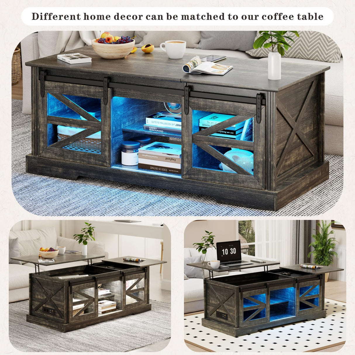 Lift Top Coffee Table with Gun Cabinet, 2 Sliding Barn Doors-Large Storage and 3 Color LED Lights fit Modern Rectangular Rustic Living Room Center Table(Dark Oak) HWB