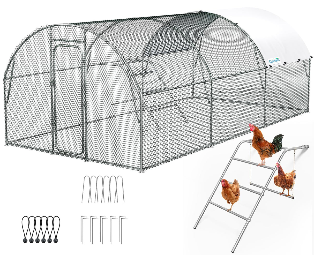 Quictent Large Metal Chicken Coop Run for 20/30 Poultry with Roosting Perch & Swing, 19x10FT Upgraded Outdoor Walk-in Cage Arch Hen Duck Rabbit Yard Farm House, Chicken Wire, Waterproof Roof Tarp Quictent