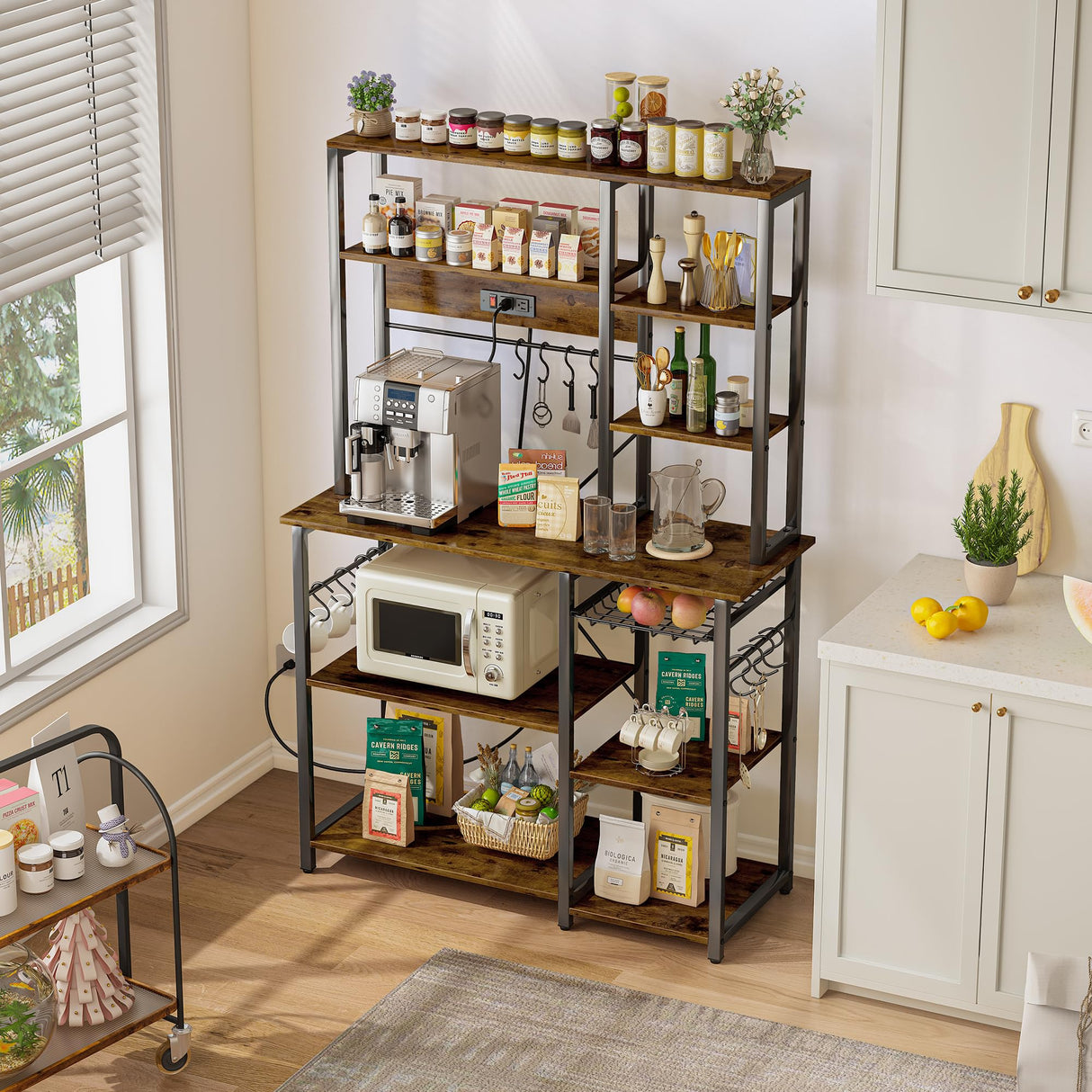 SUPERJARE Rustic Brown 6-Tier Bakers Rack with Power Outlets and Storage Hooks SUPERJARE