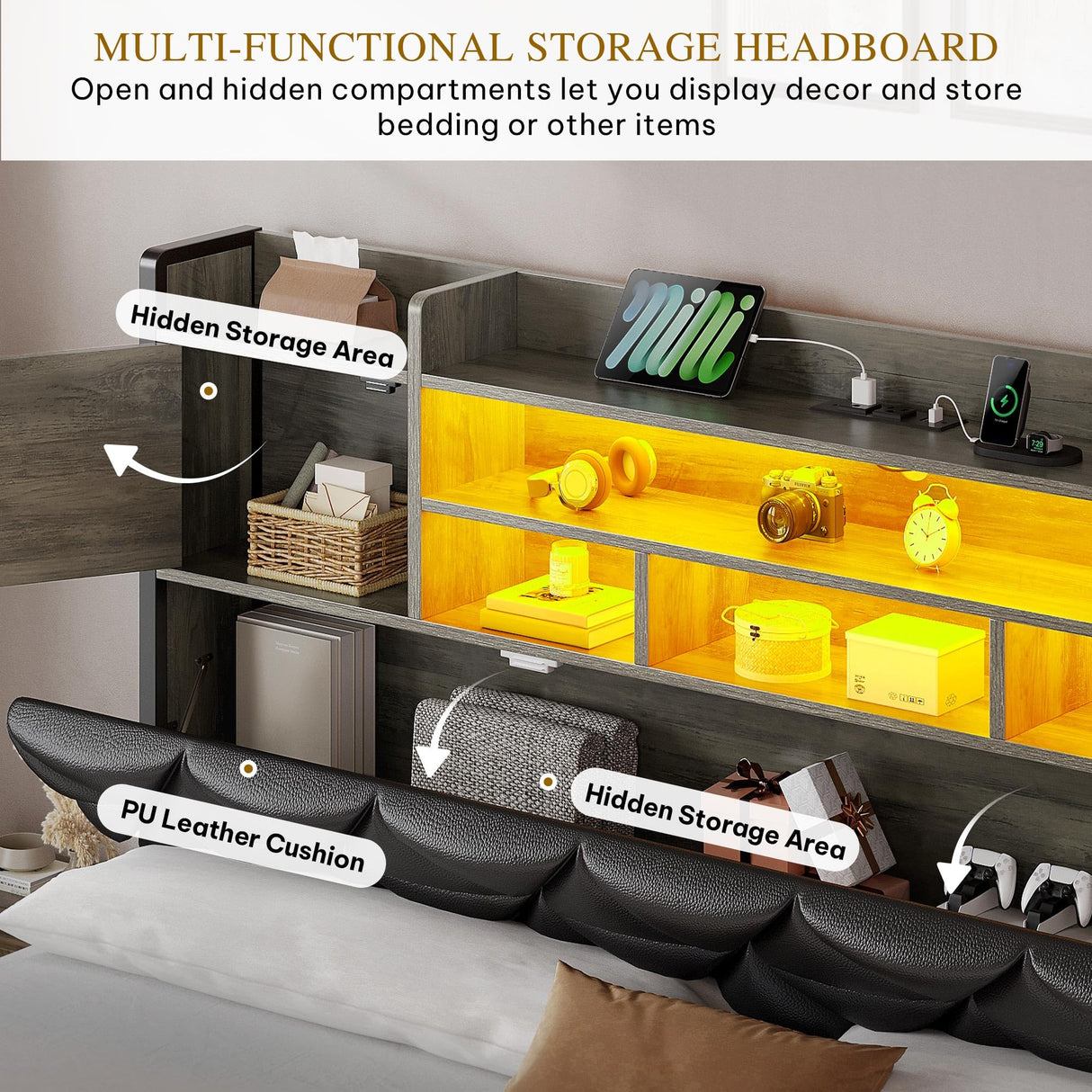 YITAHOME Queen Size Bed Frame with RGB LED Lights & Storage Bookcase Headboard, Upholstered Bed with Charging Station and 4 Drawers, No Box Spring Needed, Easy Assembly, Noise-Free, PU Leather Black YITAHOME