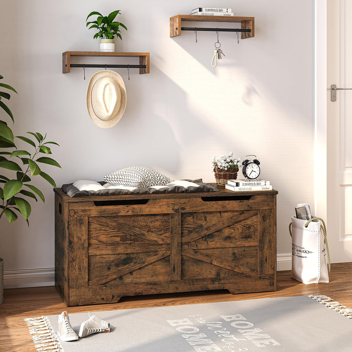 Hzuaneri Storage Chest, Storage Trunk, Wooden Storage Bench - 39.4" Lift-Top Storage Organizer with 2 Safety Hinges, Shoe Bench for Entryway, Bedroom, Living Room, Rustic Brown SB03401X Hzuaneri