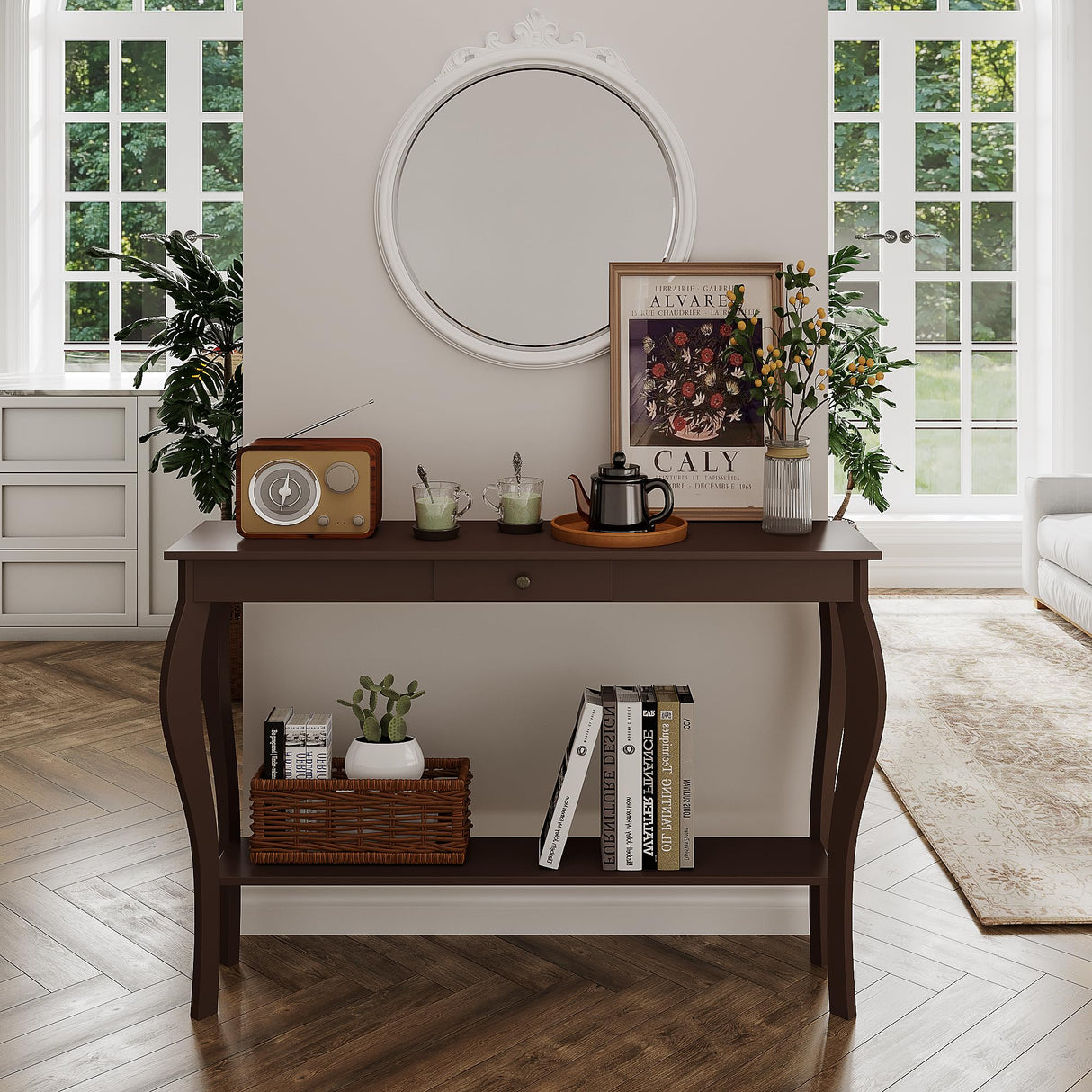 ChooChoo 47 Inch Narrow Console Table with Drawer, Chic Accent Sofa Entryway Table with Shelves for Entryway, Living Room, Hallway, Espresso ChooChoo