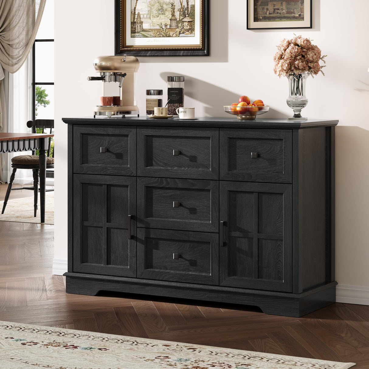 HDDDZSW Farmhouse Sideboard Buffet Cabinet with Storage, 47.3" Large Sideboard Cabinet with 5 Drawers & 2 Doors, Wood Coffee Bar Table for Kitchen, Living Room (Black) HDDDZSW