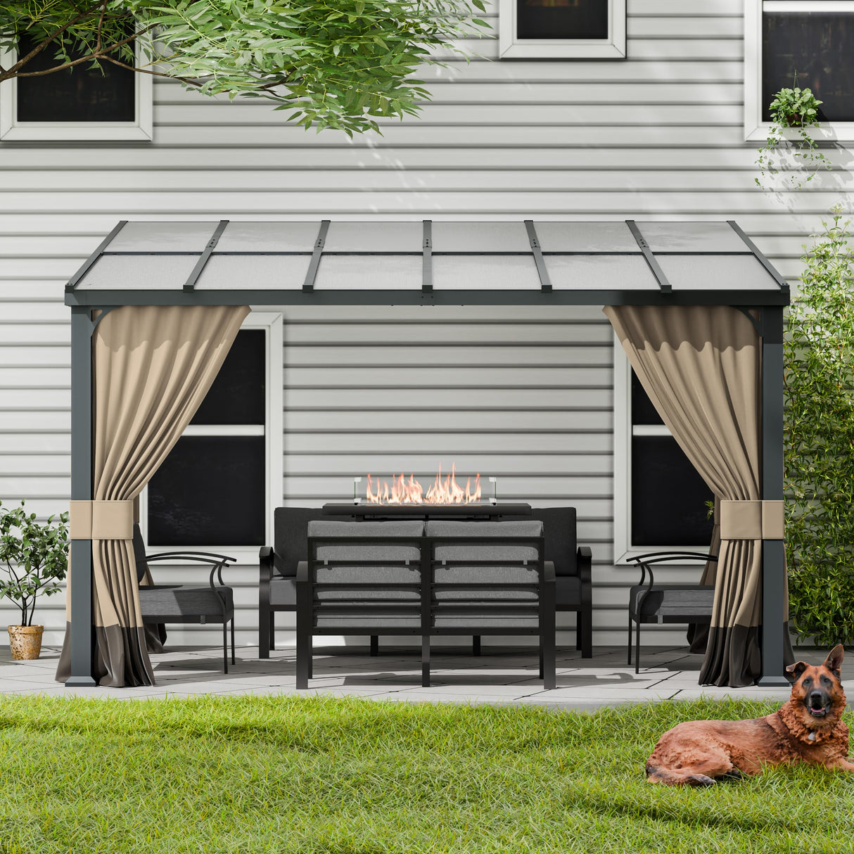 ASJMR 10x12FT Gazebo, Hardtop Wall Mounted Gazebo with Sloping Sun Panel Roof, Awnings for Patio with Metal Frame, Double Curtains for Garden, Lawn, Backyard Deck, Sand ASJMR