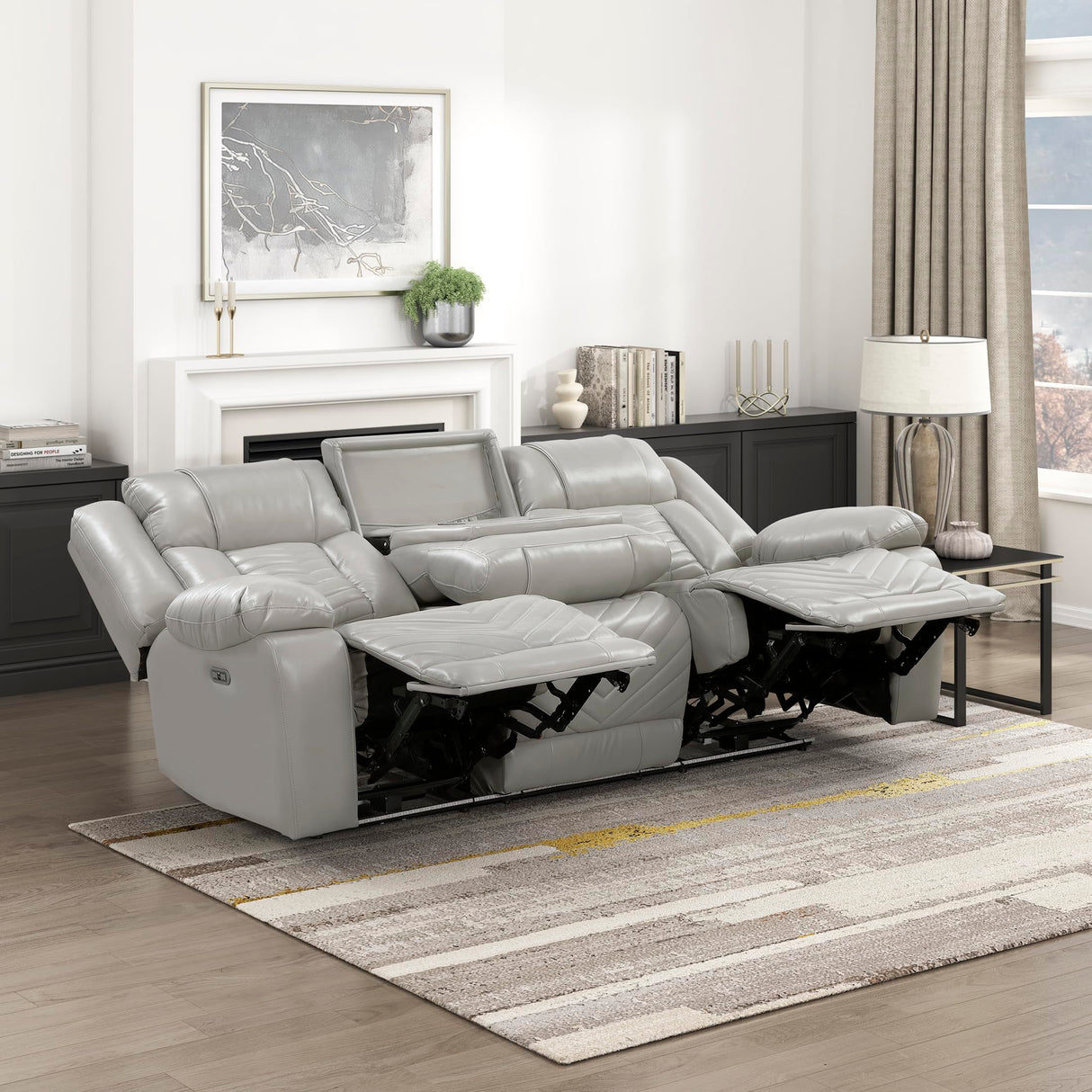 Lexicon Wall Hugger Power Double Reclining Sofa with Center Drop-Down Table, Faux Leather Home Theater Seating with LED Lighting/USB Charging Ports/Wireless Charger/Cup Holders, Magazine Pocket, Gray Lexicon