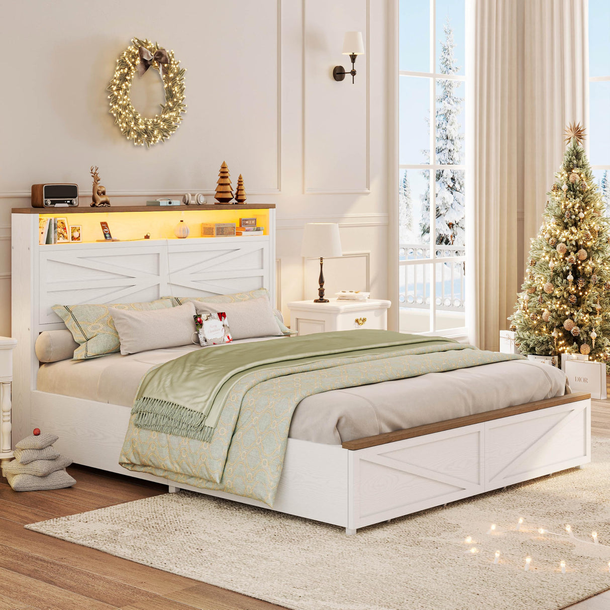 IRONCK Farmhouse Full Size Bed Frame with LED Light and Charging Station, Wood Bed Frame with Storage Headboard and 2 Drawers, Barn Door Design, Sturdy and Noiseless, White IRONCK