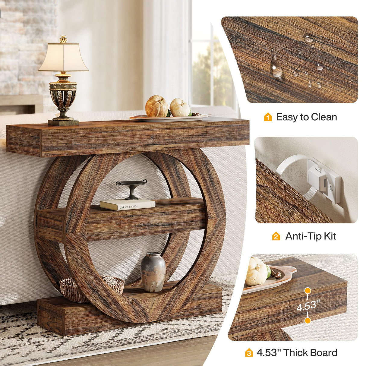 Tribesigns 41.3" Farmhouse Console Table, 3-Tier Sofa Table Behind Couch with Circle Base, Entryway Furniture with Storage Shelves for Living Room, Hallway, Foyer (Rustic Brown) Tribesigns