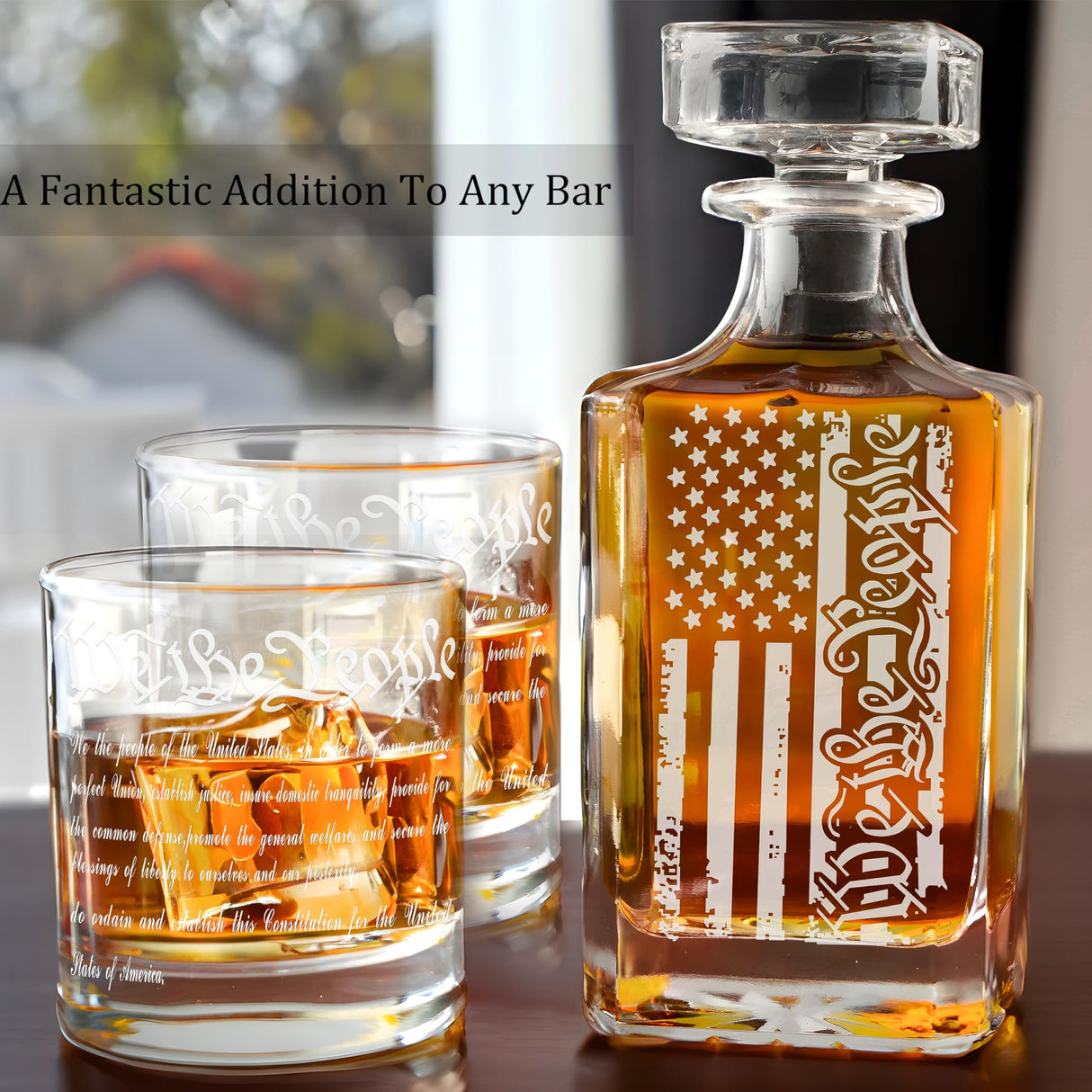 Whiskey Decanter Set for Men, We The People Decanter Set with Glasses, Engraved American Flag Decanter for Liquor Bourbon Gifts for Men Unique Birthday Father's Day Gifts for Men Dad YJGS