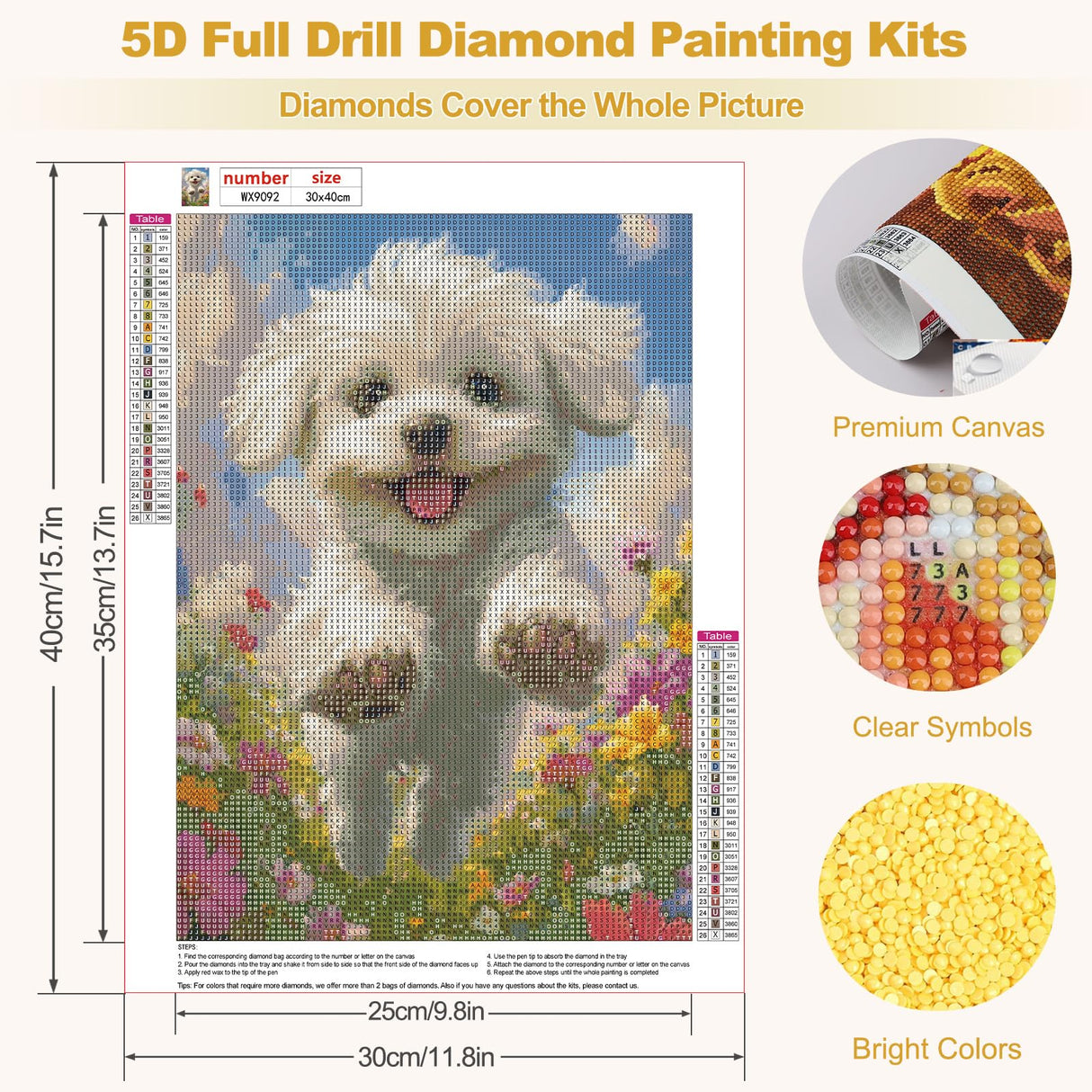 MEIYUDA Dog Diamond Art Kits for Adults, 5D Cute White Doggy Diamond Art Kits for Beginners, DIY Round Full Drill Diamond Gem Art with Painting Tools for Home Wall Decor 12x16 Inch MEIYUDA