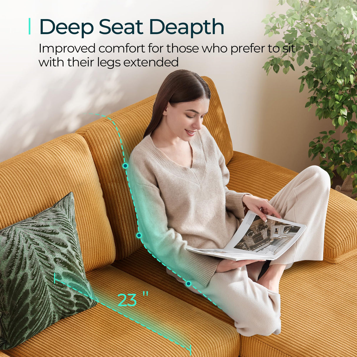 LINSY HOME Sectional Couch, 111'' W Corduroy U Shaped Sofa with Sleepable Armrests, 4 Seat Couch with Double Chaises, Deep Seat Sofa for Living Room, Yellow LINSY HOME