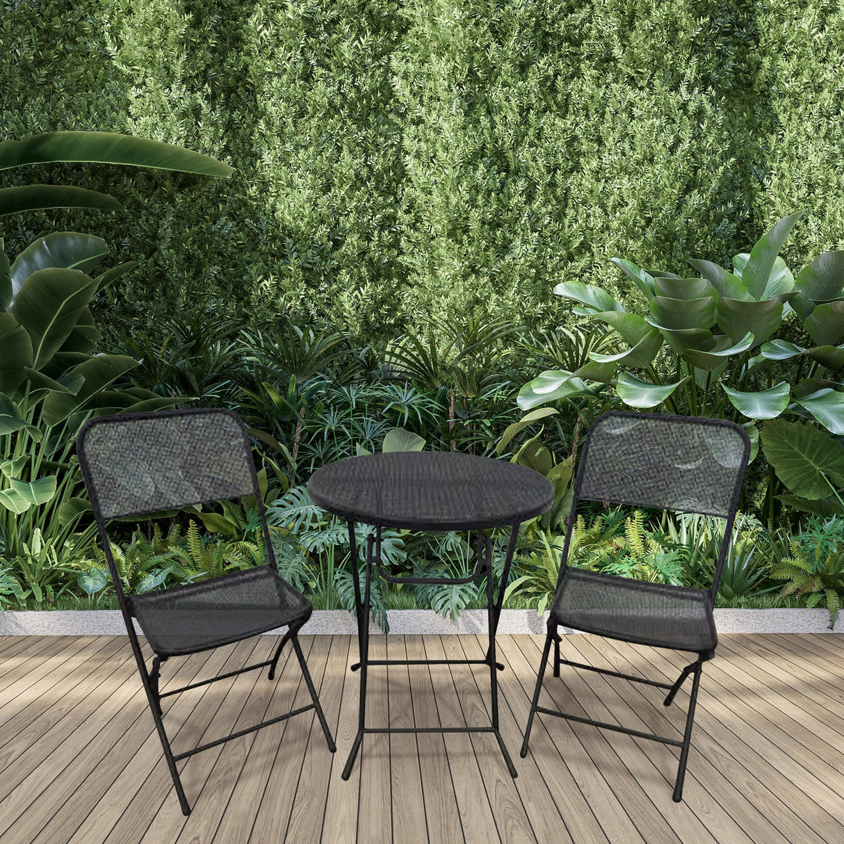 Four Seasons Courtyard Padova 3 Piece Bistro Outdoor Backyard Dining Set with 2 Folding Chairs and Round Table Furniture for Patios or Decks, Black Four Seasons Courtyard