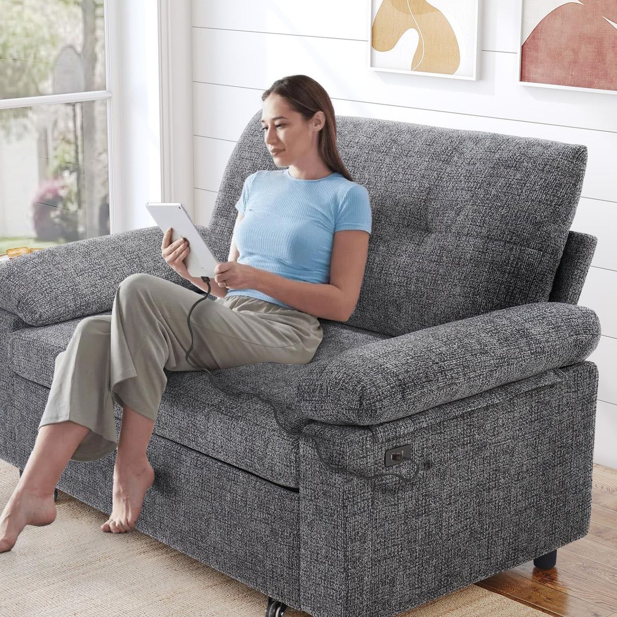 Vipbear 3 in 1 Sleeper Sofa Bed, Pull Out Couch with Reclining Backrest, Convertible Loveseat with USB Ports, Tool-Free Assembly, Modern Chenille Loveseat for Living Room, Apartment, Dark Grey Vipbear