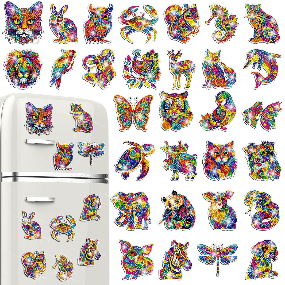 Remuuly 30 Pcs Diamond Painting Magnets Summer Diamond Art Magnet Kits for Adults Spring Flower Animal Cupcake 5D Rhinestones Refrigerator Magnetic Stickers for Fridge DIY Crafts Gifts(Animal) Remuuly