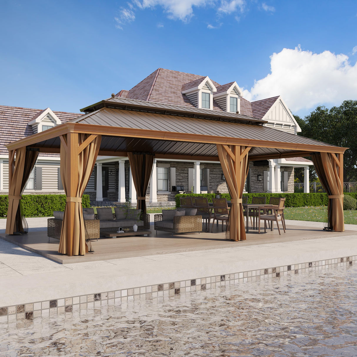 GAZEBEST 14' X 24' Permanent Hardtop Gazebo, Outdoor Galvanized Steel Double Roof Pavilion Pergola Canopy Wood-Looking with Aluminum Frame and Privacy Curtains for Garden,Patio Backyard,Deck and Lawns GAZEBEST