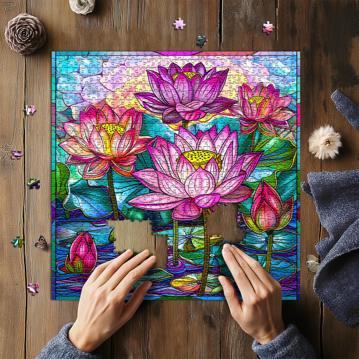 Stained Glass Puzzles for Adults 1000 Pieces, Lotus Flower Puzzle Art, Impossible Hard Challenging Puzzles for Adults, Colorful Floral Stained Glass Jigsaw Puzzle Waterlily PICKFORU
