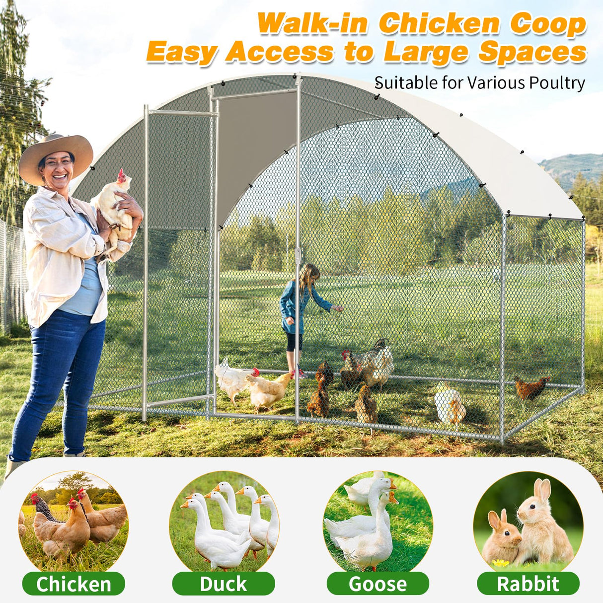 VINGLI Large Metal Chicken Coop, Spacious Chickens Poultry Cage with Waterproof & Anti-UV Cover, Duck Rabbit Walk-in Chicken Pen Outdoor (6.5 x 9.8 x 6.5 ft) VINGLI