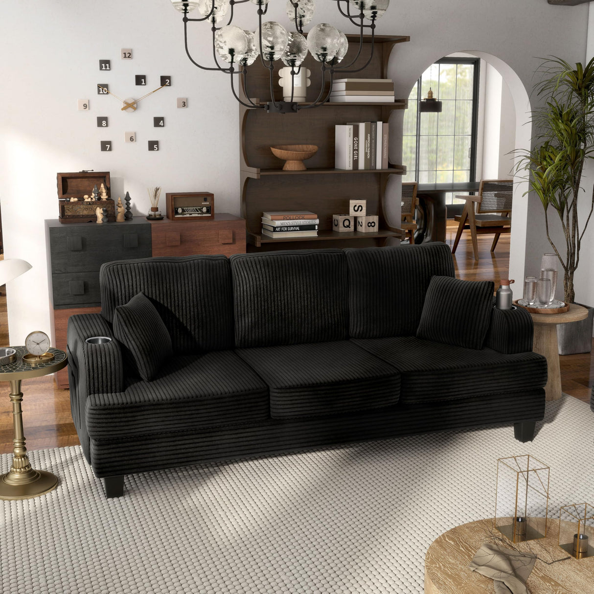 HOMES: Inside + Out Reese Modern Plush Chenille Couch with Side Pockets, Cup Holders and USB Ports, Wooden Comfortable Sofa for Living Room, Bedroom and Office, Black HOMES: INSIDE + OUT
