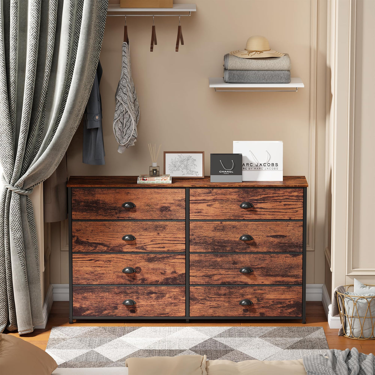 Furnulem Long Dresser for Bedroom, TV Stand for 55'' TV, Wide Storage Drawer Unit with 8 Fabric Bins, Double Dresser for Bedroom, Office, Dorm, Closet, Entryway, Wood Top (Rustic Brown) Furnulem