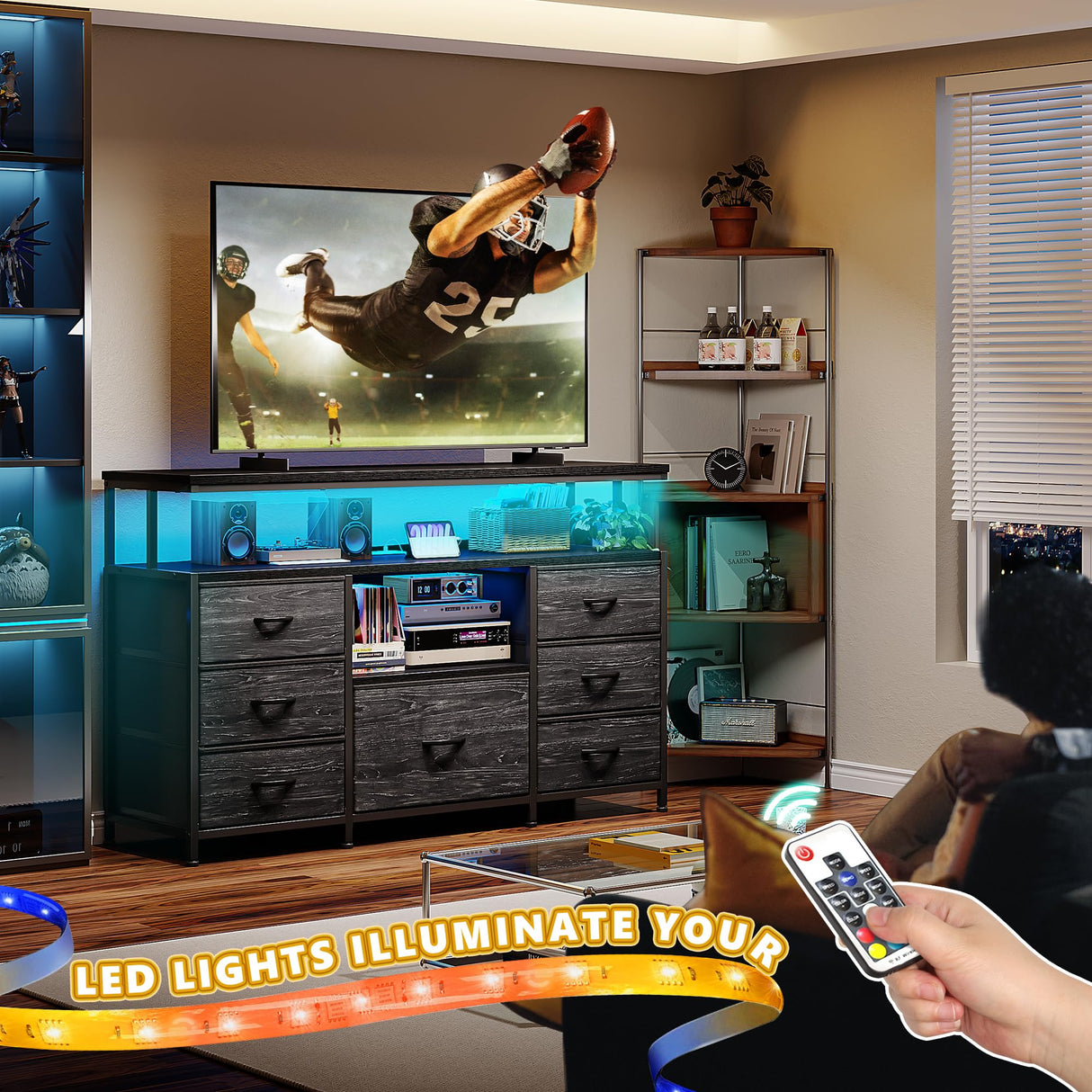 EnHomee Dresser TV Stand for Bedroom with LED Lights & power outlets for 55" TV Stand Dresser for Bedroom Entertainment Center with 7 Fabric Drawers and Wood Shelves for Living Room, Black EnHomee