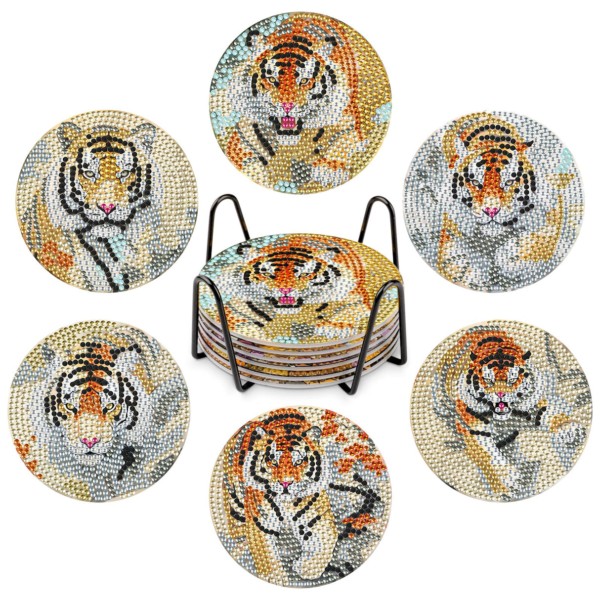 GHHKUD 6pcs Tiger Diamond Painting Coasters, DIY Life Coasters Animals Diamond Art Kits for Adults Kids, Full Drill 5D with Holder Cork Pad for Home GHHKUD