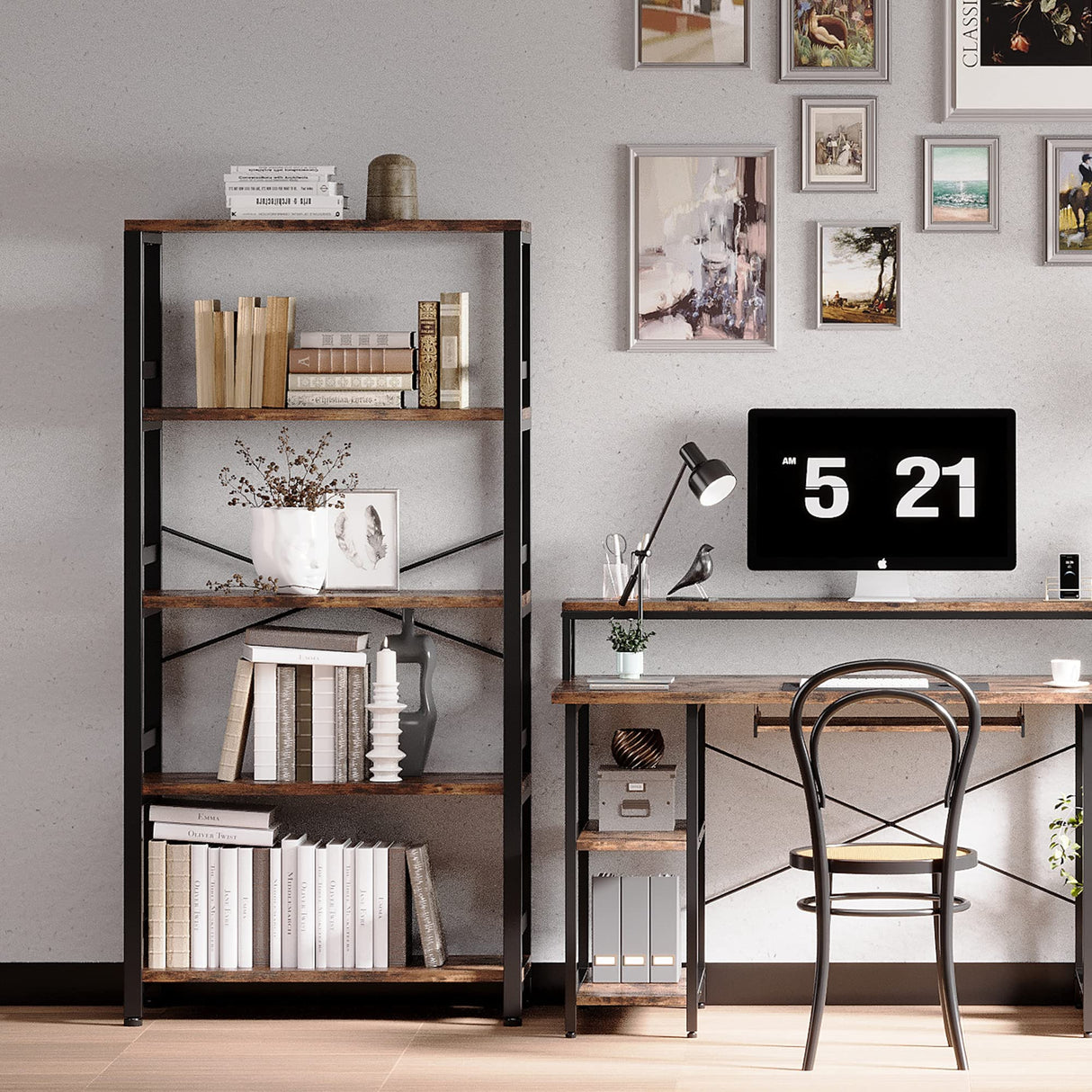 IRONCK Bookshelves and Bookcases, 31.5in Wide Shelf 5-Tier Ladder Shelf 110lbs/shelf Vintage Industrial Style Bookcase for Bedroom Living Room Home, Vintage Brown IRONCK