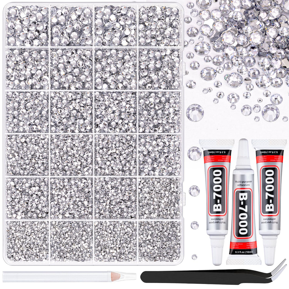 25000Pcs Resin Rhinestones with Tweezers for Crafting, Silver Clear Flatback Gems, Bedazzling Crystal with 3Pcs 10ml B7000 Jewelry Glue for DIY Crafts Clothing Tumblers Shoes Fabric Nail Art TINKRSTUFF