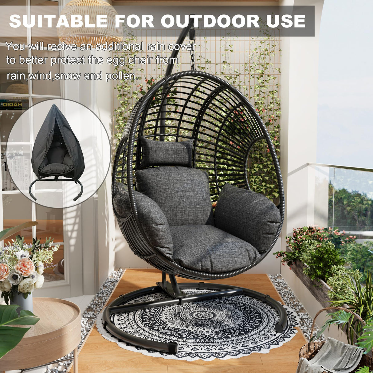 LUTINLIX Oversized Hanging Egg Chair Outdoor Indoor, Wicker Swing Egg Chair with Stand 400lbs Capacity for Bedroom, Patio, Garden and Balcony (Black-Regular, Oversize) LUTINLIX