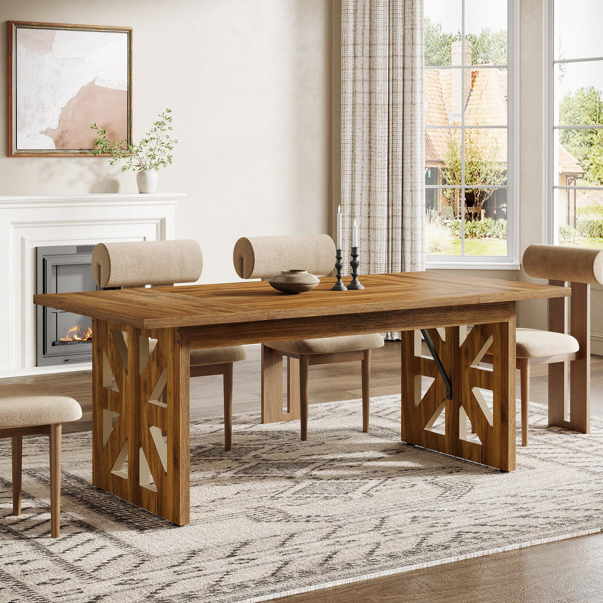 Tribesigns 62.4" Farmhouse Dining Table for 4-6 People, Rectangular Wooden Kitchen Dinner Table with Double Robust Pedestal for Dining Room, Living Room, Kitchen, Brown Tribesigns