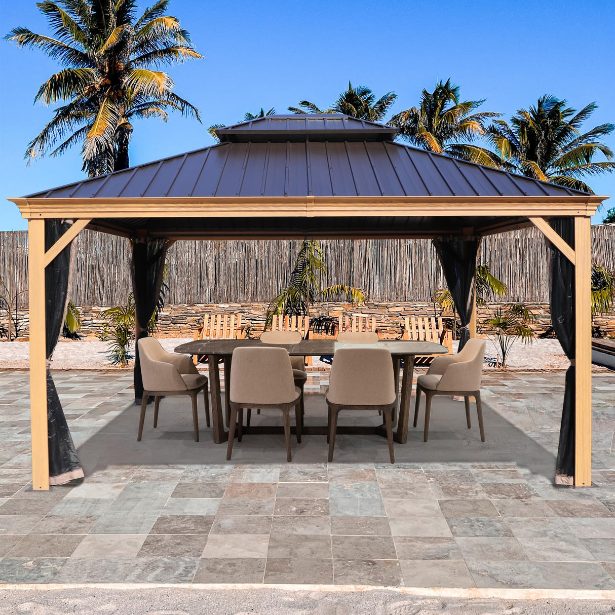Kozyard Apollo 12’x14’ Hardtop Gazebo, Wooden Coated Aluminum Frame Canopy with Galvanized Steel Double Roof, Outdoor Permanent Metal Pavilion with Netting for Patio, Deck and Lawn (12ft x 14ft) Kozyard