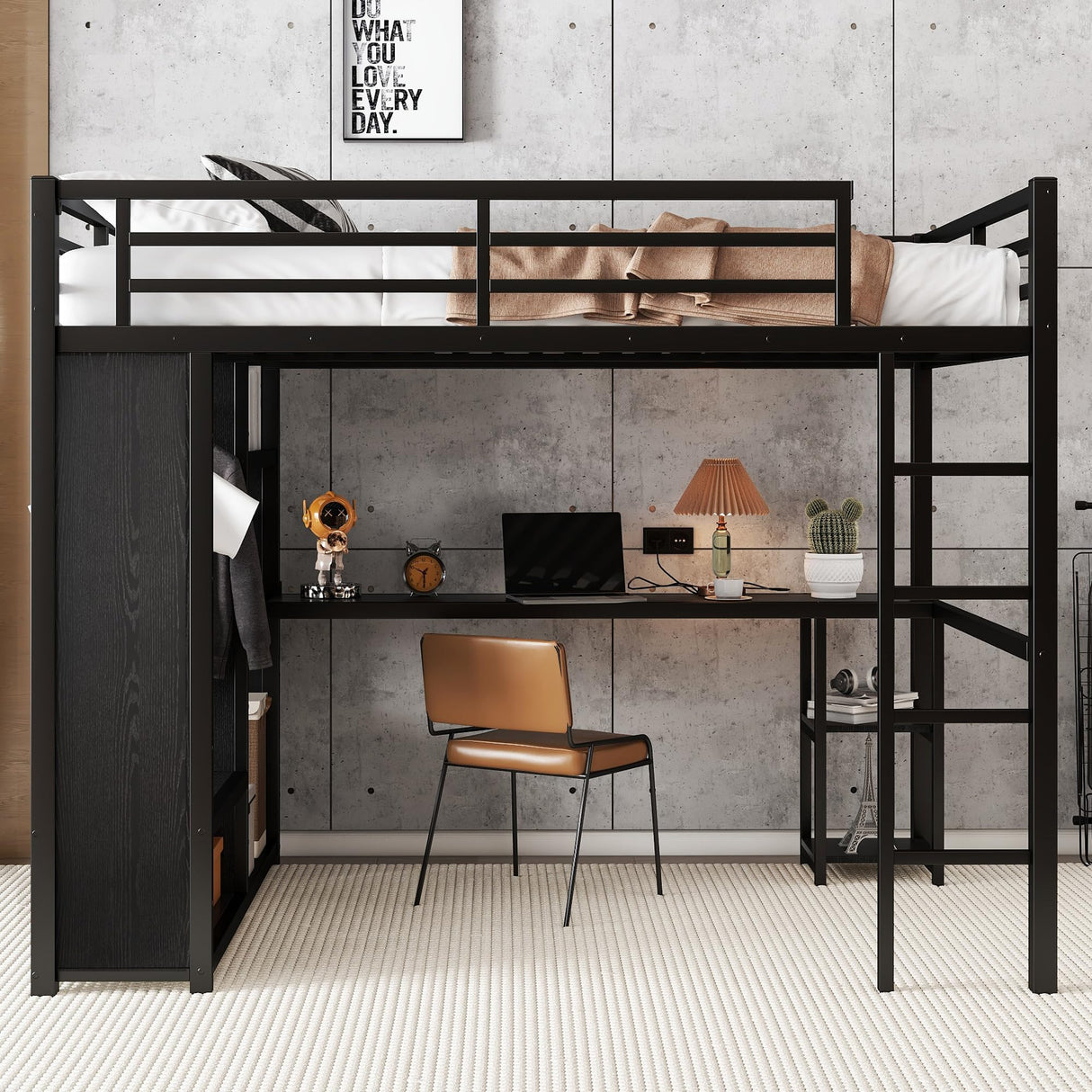 SOFTSEA Queen Size Loft Bed with Desk and Storage Wardrobe, Heavy Duty Metal Loft Bed with Storage Shelves and Open Wardrobe for Adults, Kids, Teens, Space Saving, Black SOFTSEA