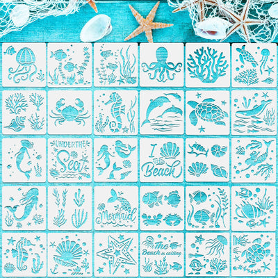 30 Pieces Sea Ocean Creatures Stencils 5 x 5 Inch Ocean Templates for Painting Sea Animal DIY Pattern Templates Mermaid Stencils on Wood for Scrapbooking Drawing Tracing Furniture Wall Crafts
