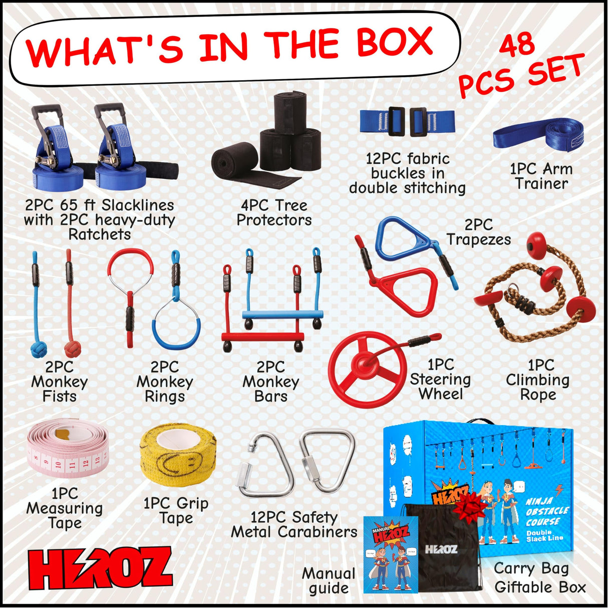 Heroz Obstacle Course for Kids - Ninja Warrior Obstacle Course for Kids Outdoor Play Equipment 65ft Double Slackline, Monkey Bars, Wheel, Climbing Rope - Jungle Gym Ninja Course for Kids Outside HEROZ