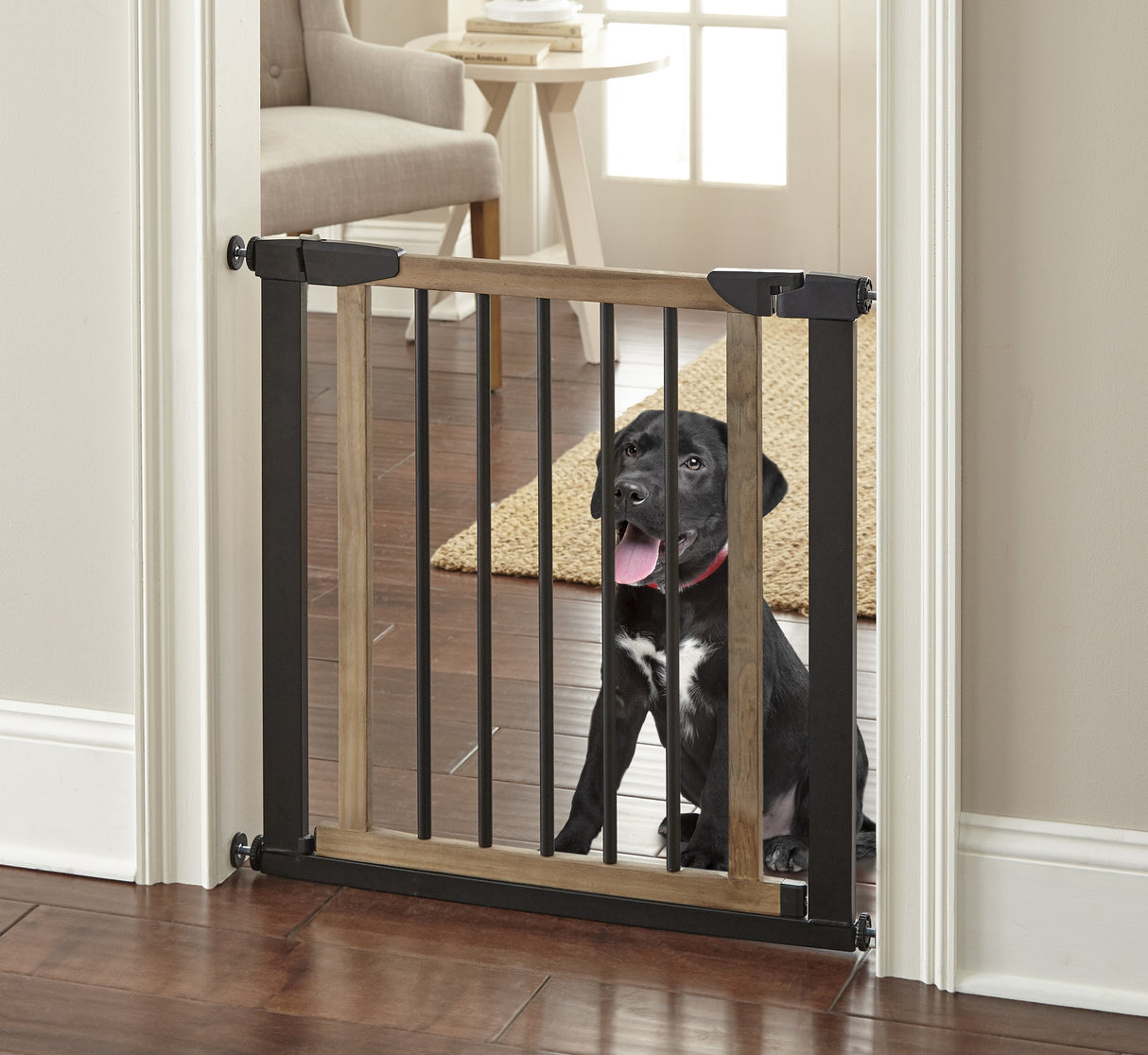 NMN Designs Logan Dog Gate - Indoor Pet Barrier and Wooden Dog Gate with Walk Through Swinging Door - Pressure Mounted for Walls and Stairs - Puppy Gates for The House - Expandable 29.5" to 51.5" NMN Designs
