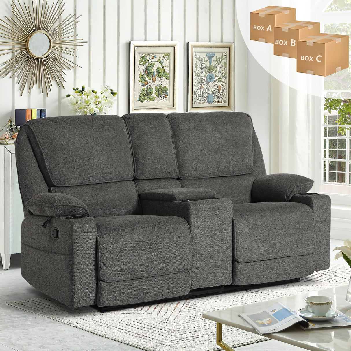 YOCONYO Loveseat Recliner, RV Reclining Loveseat, Home Theater Seating, Manual Loveseat with Console, 4 Cup Holders, 2-Seater Recliner Sofa, RV Furniture for Travel Trailers, Livingroom (Dark Grey) YOCONYO