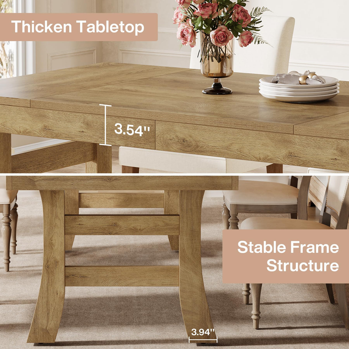Tribesigns 63-Inch Dining Table for 4-6 People, Farmhouse Rectangular Large Kitchen Dinner Eating Table with Sturdy Legs for Home Kitchen, Dining Room, Light Brown Tribesigns