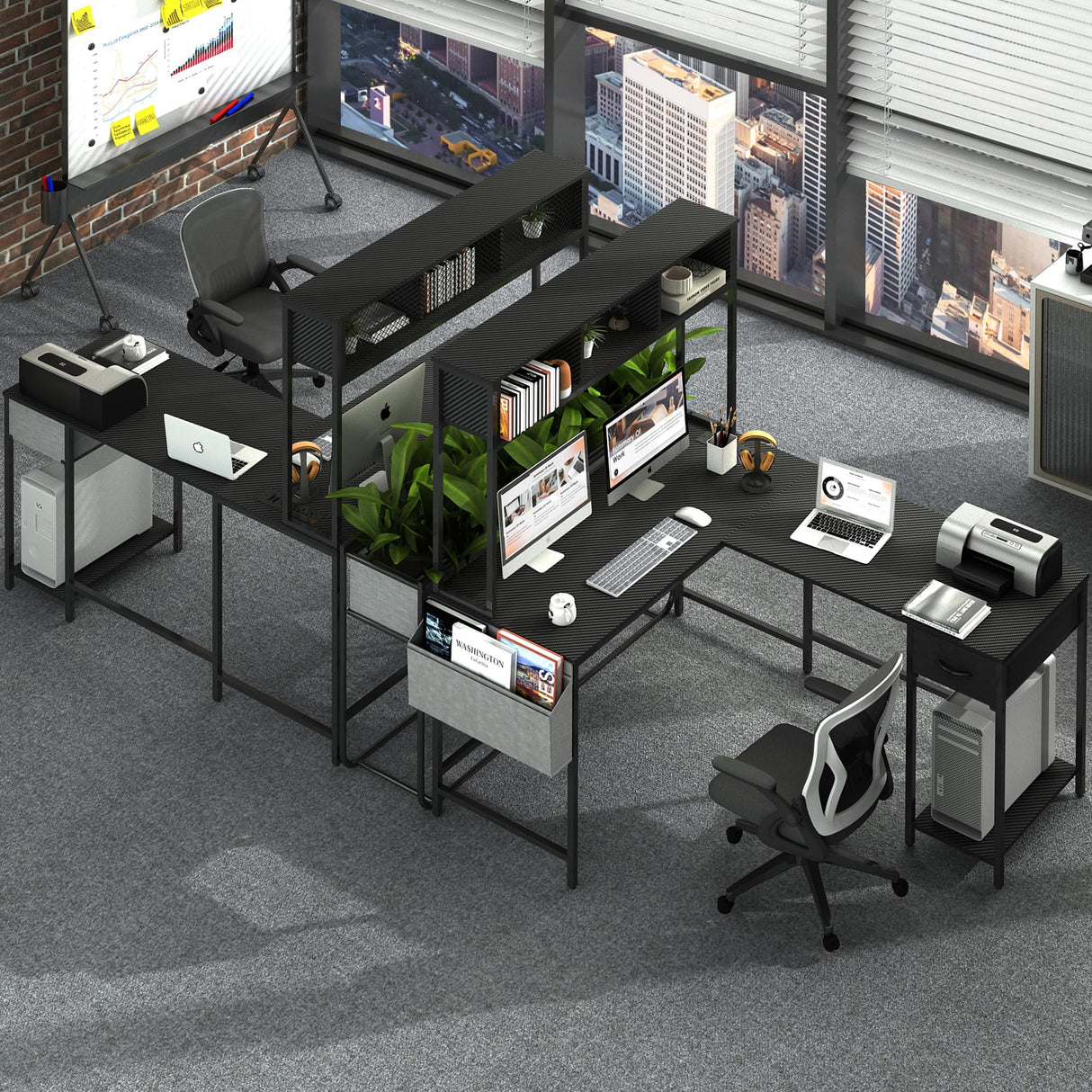 Yoobure L Shaped Desk Gaming Desk with LED Strip & Power Outlet, Reversible L-Shaped Computer Desk with Drawer, Corner Desk with Storage Shelf, 2 Person Home Office Desk, Carbon Fiber Black Yoobure