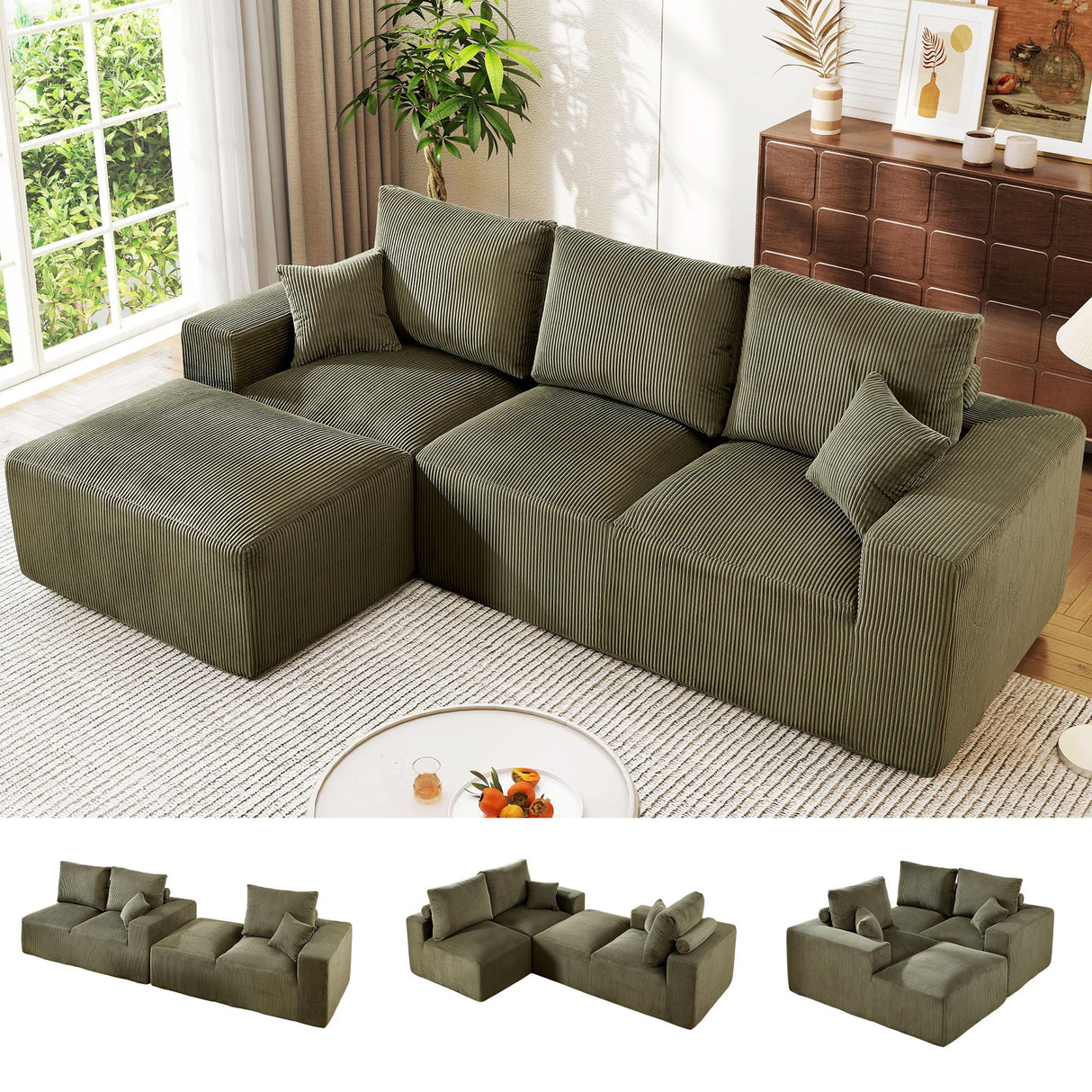WESTSETLUX 108” Cloud Sectional Sofa Couch with High-Seat, Corduroy Modular Sofa with Oversized Chaise, High-Back Modern L-Shaped Couches for Living Room, No Assembly Required (Green) WESTSETLUX
