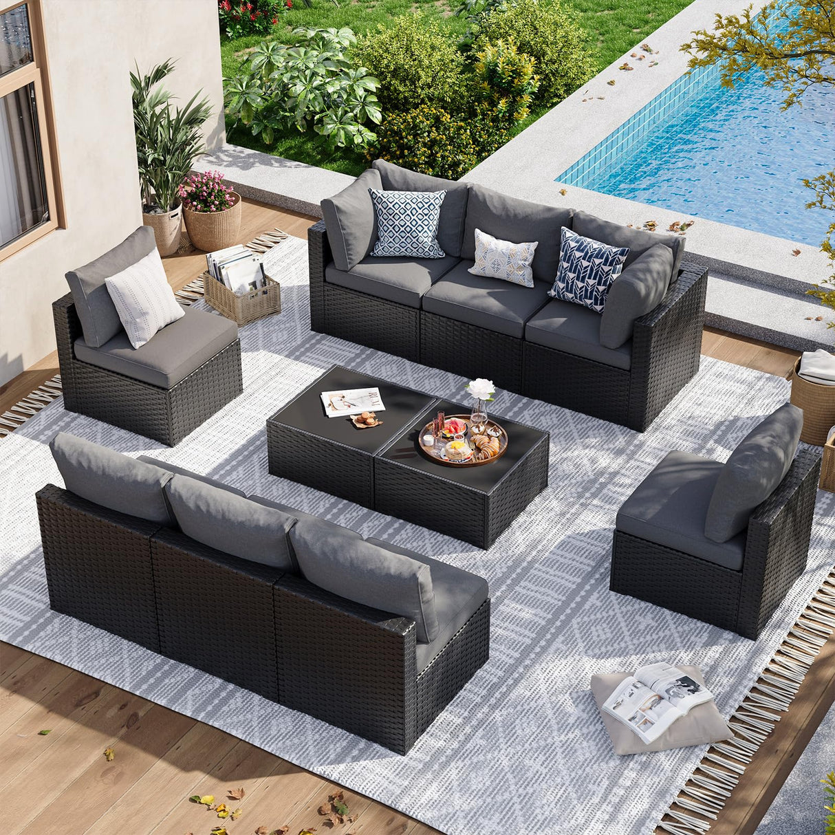 Aoxun 10 Piece Patio Furniture Set Wicker Rattan Patio Sectional Sofa Set Outdoor Seating Furniture with Thickened Cushion, Grey Aoxun