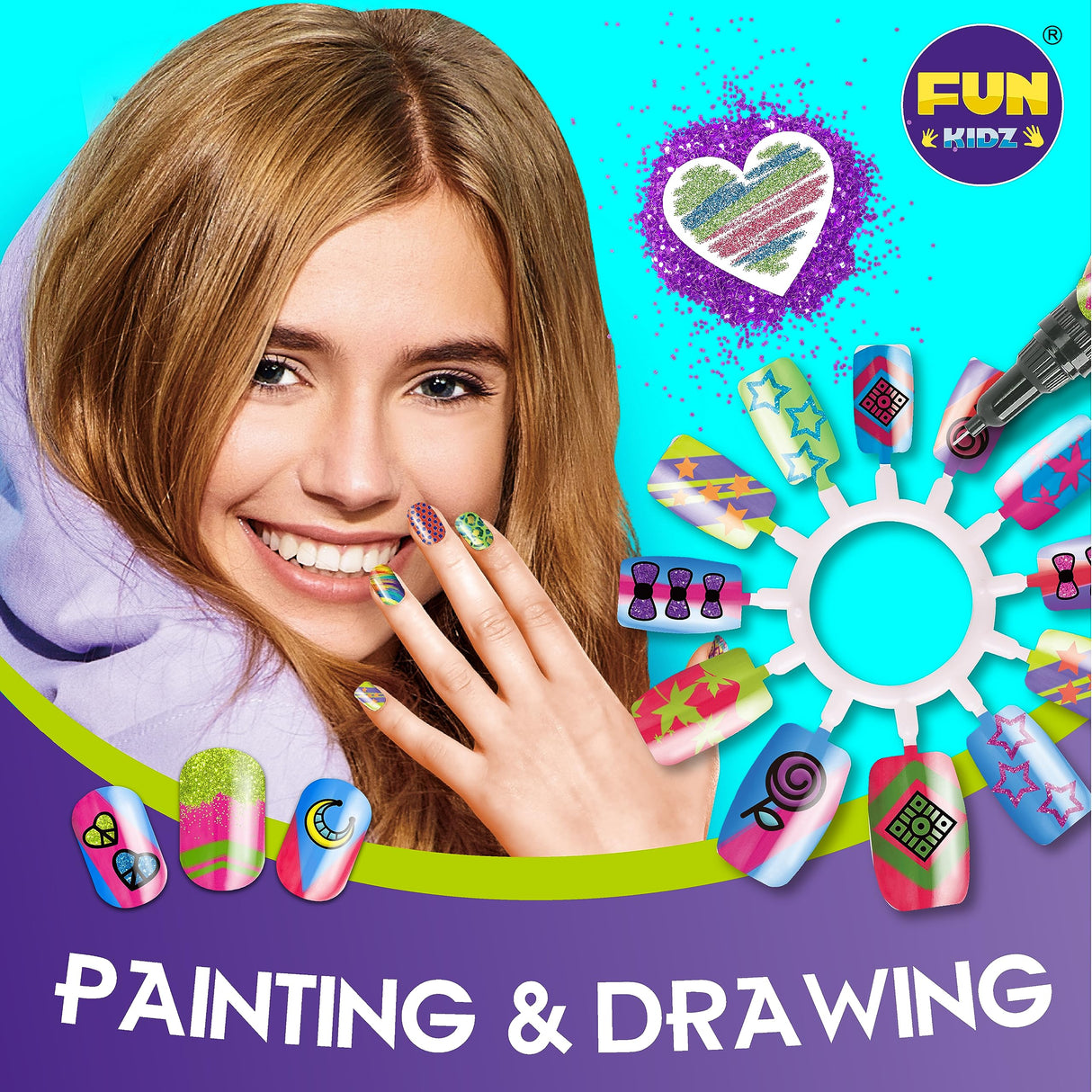 Kids Nail Kit for Girls Ages 7-12, FunKidz Ultimate 315Pcs Nail Polish Pens Combo Pack Size 17.91Wx12.4L Glitter Temporary Nail Supplies for Teens SPA Makeup Kit FUN KIDZ