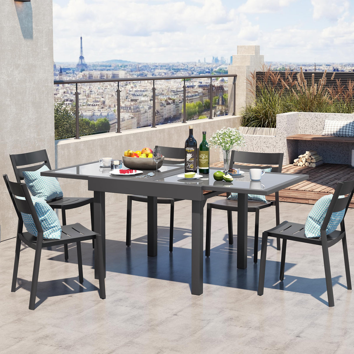 PATIOHIT Modern Aluminum Outdoor Dining Table - Expandable Patio Glass Dining Table for 6-8, Extendable Aluminum Patio Extender Table 35" to 70" for Backyard, Porch, Deck, Garden, Tempered Glass Gray PATIOHIT
