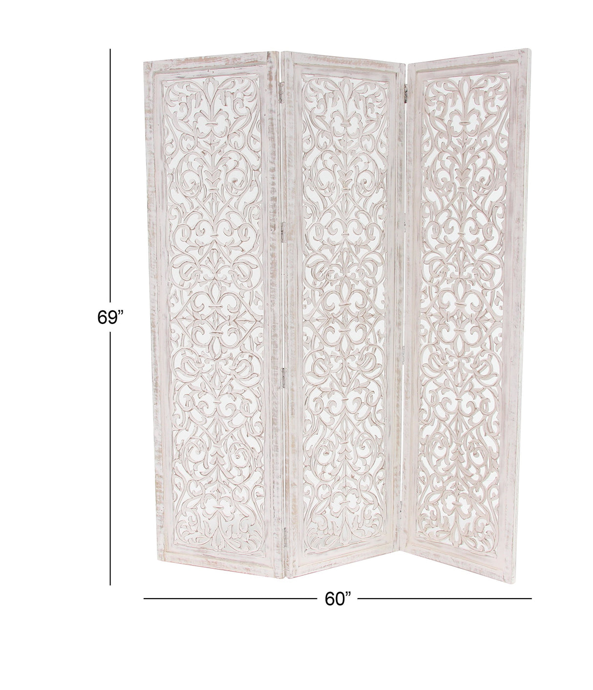 Deco 79 Wooden Floral Handmade Partition Room Divider Screen Hinged Foldable Partition 3 Panel Privacy Screen with Intricate Carved Design, Room Partition 60" x 1" x 69", White Deco 79