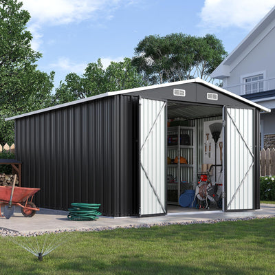 Breezestival 10x12FT Outdoor Storage Shed, Metal Garden Shed with Lockable Double Doors & Sloping Roof, Weather-Resistant Tool Shed for Backyard, Patio, Poolside Black