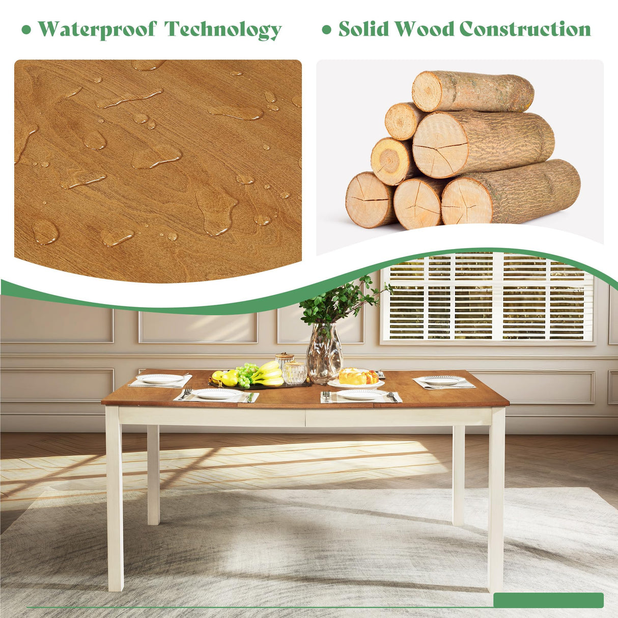 AMERLIFE 7-Piece Farmhouse Solid Wood Dining Table Set with 6 Upholstered Chairs, 60" Space Saving Dinner Table & Chairs Set, for Dining Room, Kitchen, Restaurant, Brown & White AMERLIFE